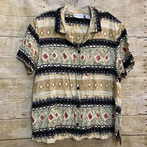 Alfred Dunner Size 14 Button Up Blouse Multicolor Geometric Print Short Sleeve